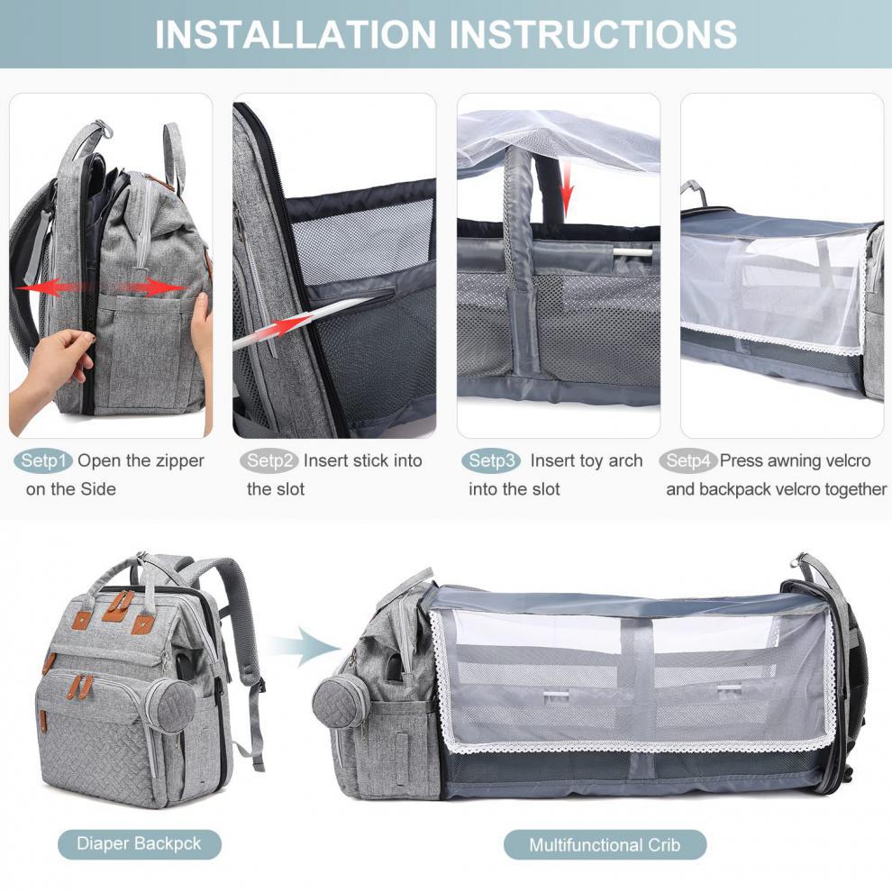 5 in 1 Multifunctional Grey Backpack -Travel Folding Bed for Newborn Baby