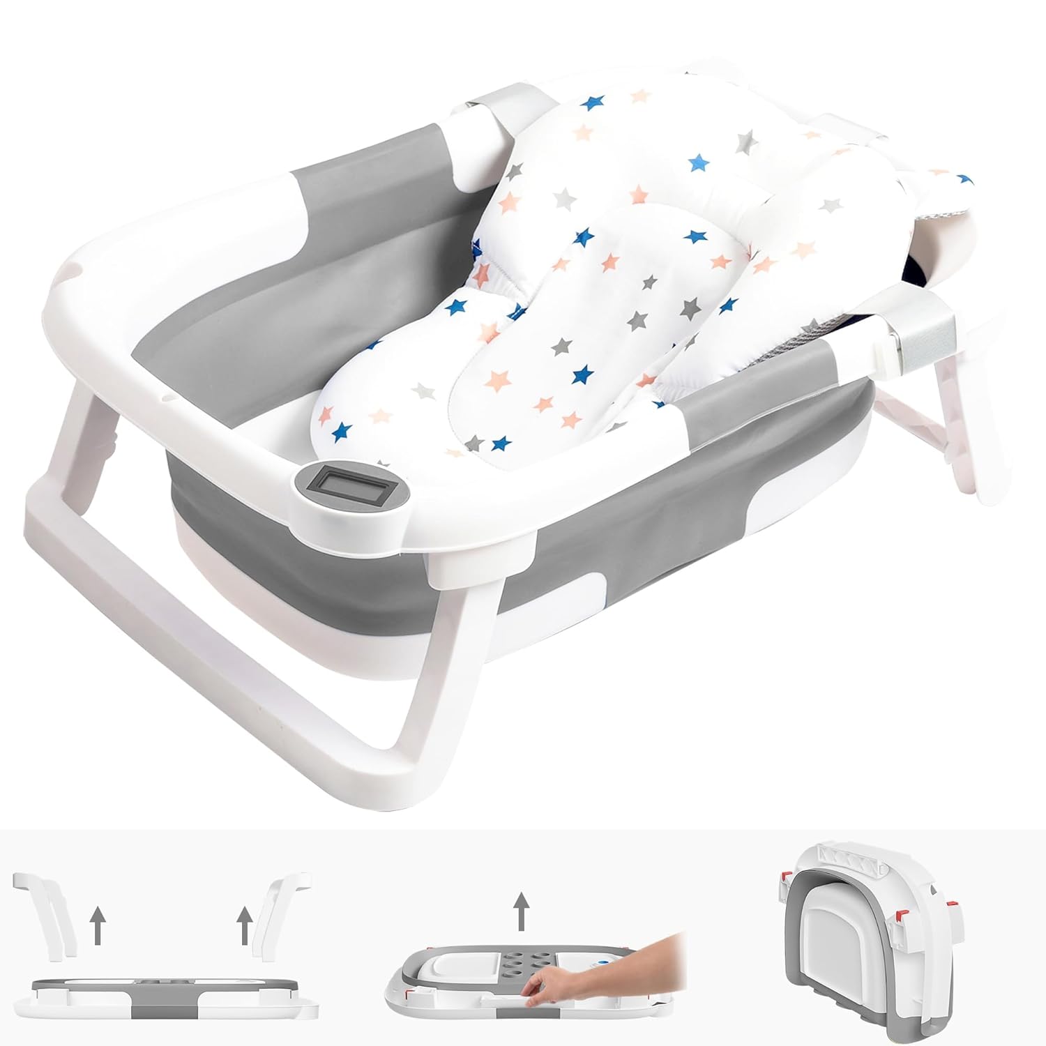 Collapsible Baby Bathtub,Baby Bath Tub with Soft Cushion & Thermometer,Baby Bathtub Newborn to Toddler 0-36 Months,Portable Travel Baby Tub