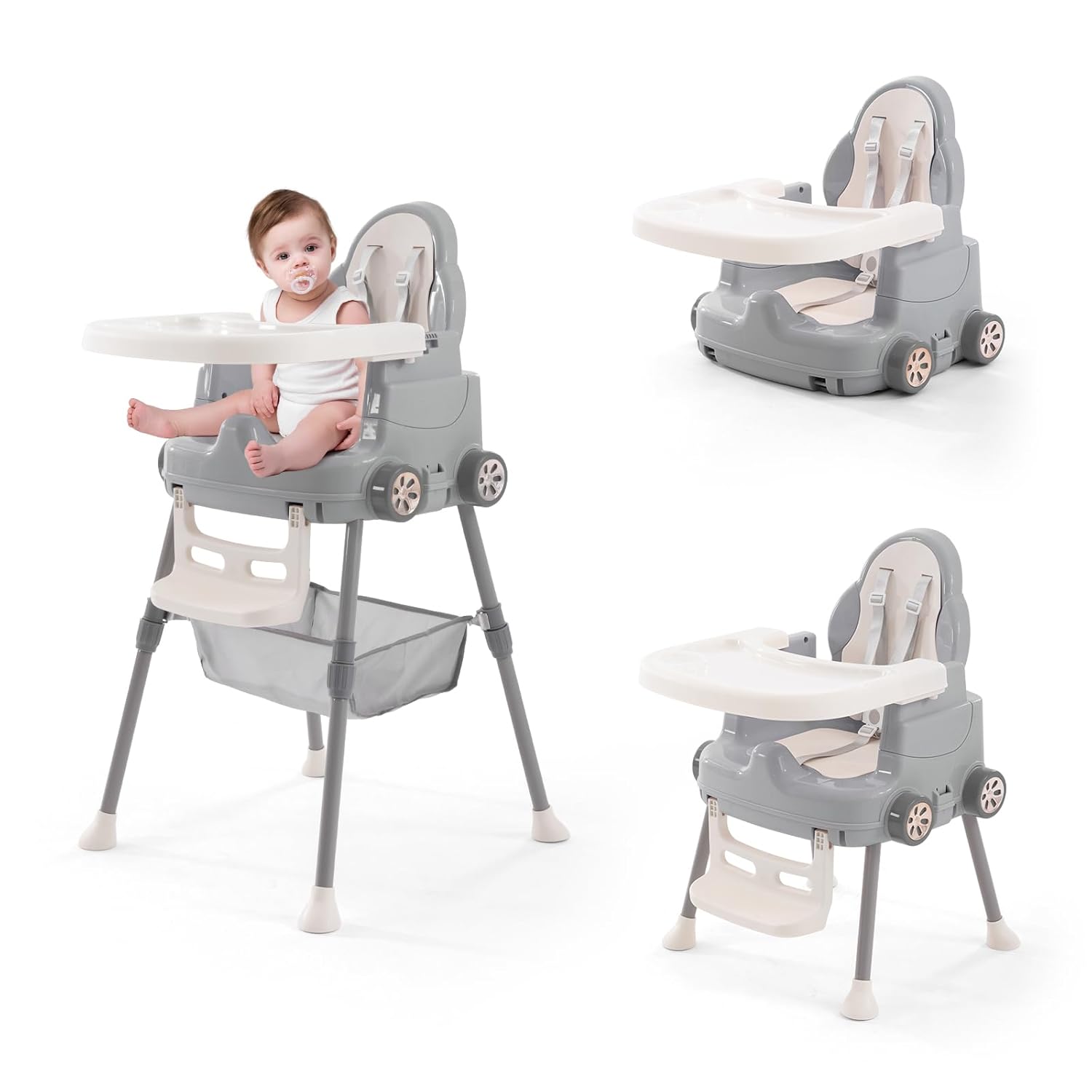 High Chairs for Babies and Toddlers, Portable 3 in 1 High Chair, Adjustable Convertible Compact Infant Baby Feeding Chair Booster with Detachable Double Tray