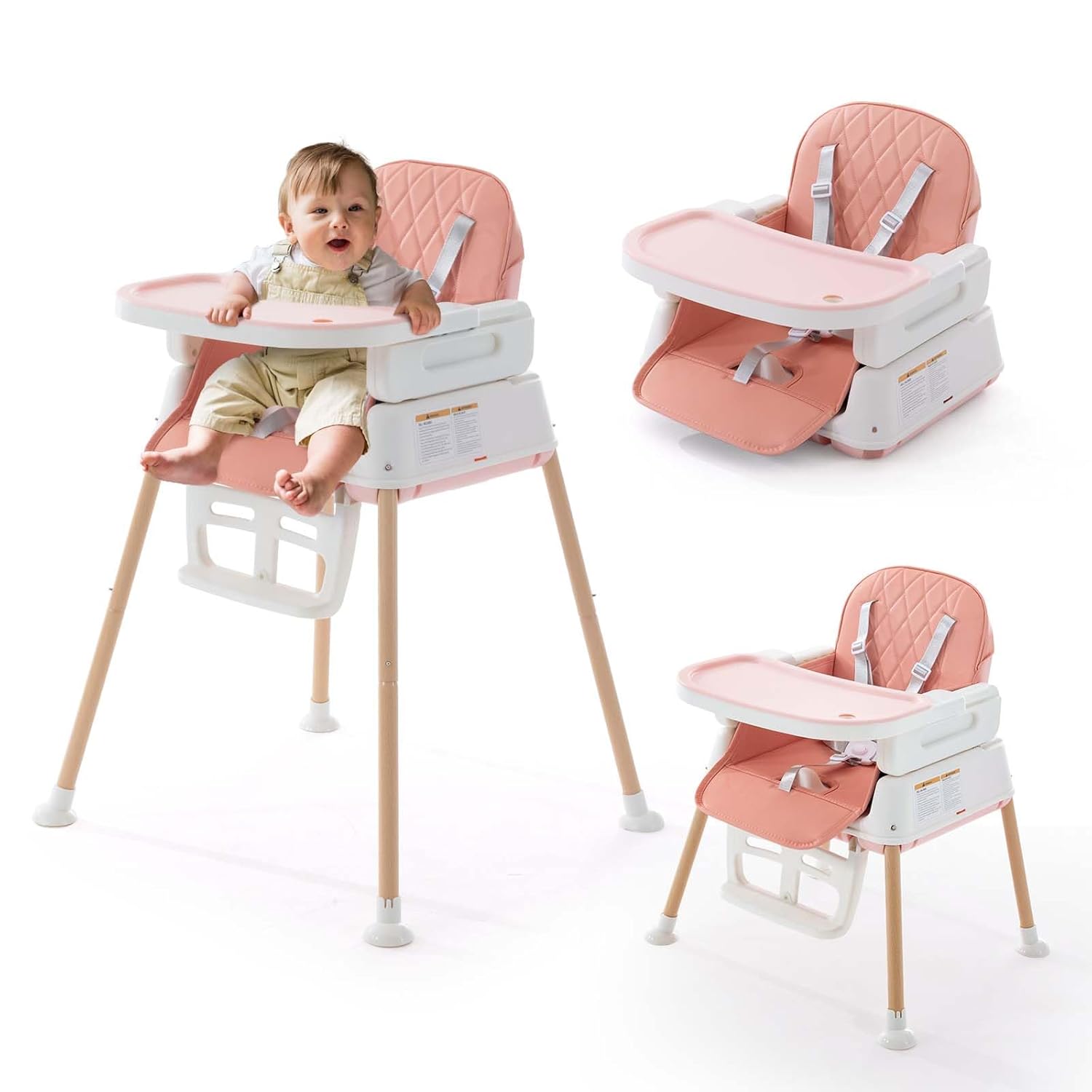 3 in 1 Baby High Chair, Portable High Chairs for Babies and Toddlers, Adjustable Convertible Infant Baby Feeding Chair Booster for Eating with Detachable Double Tray,Pink