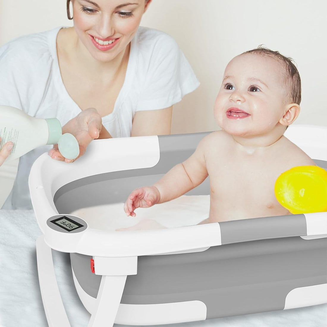 Collapsible Baby Bathtub,Baby Bath Tub with Soft Cushion & Thermometer,Baby Bathtub Newborn to Toddler 0-36 Months,Portable Travel Baby Tub