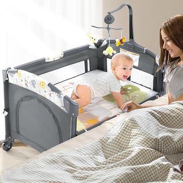 Baby Bassinet Bedside Sleeper Baby Crib，Pack and Play with Bassinet and Changing Table, Baby Playpen with Toys & Mattress for Infant Newborn