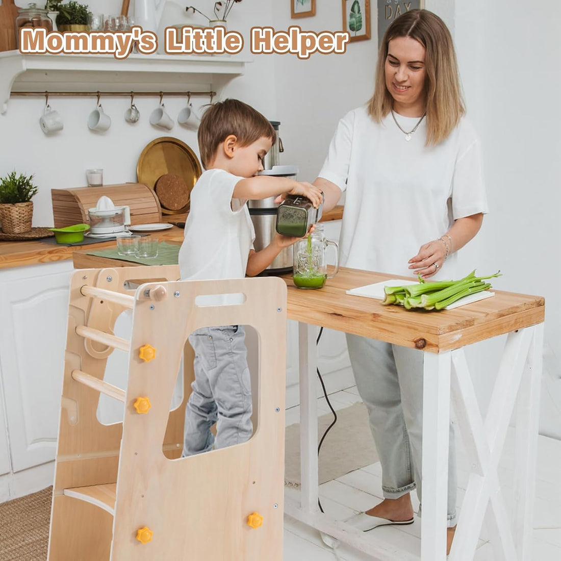 4 in 1 Toddler Kitchen Tower, Kids Kitchen Stool Helper, Standing Tower with Convertible Table and Chair, Toddler Step Stool with Adjustable-Height,Whiteboard and Safety Rail for Kitchen,Wood